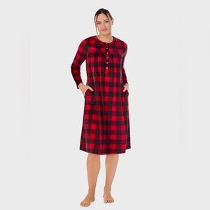 Aria Women's Knit Velour Long Sleeve Ballet Nightgown Red Black Buffalo Check XL